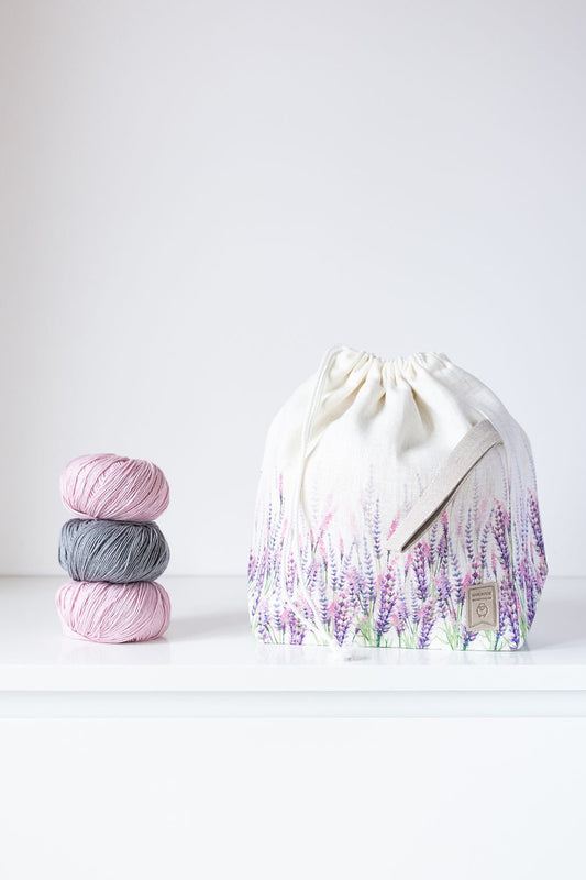 Drawstring Knitting Project Bag. Large. Summer Flowers collection. Special KnitterBag design. Lavender