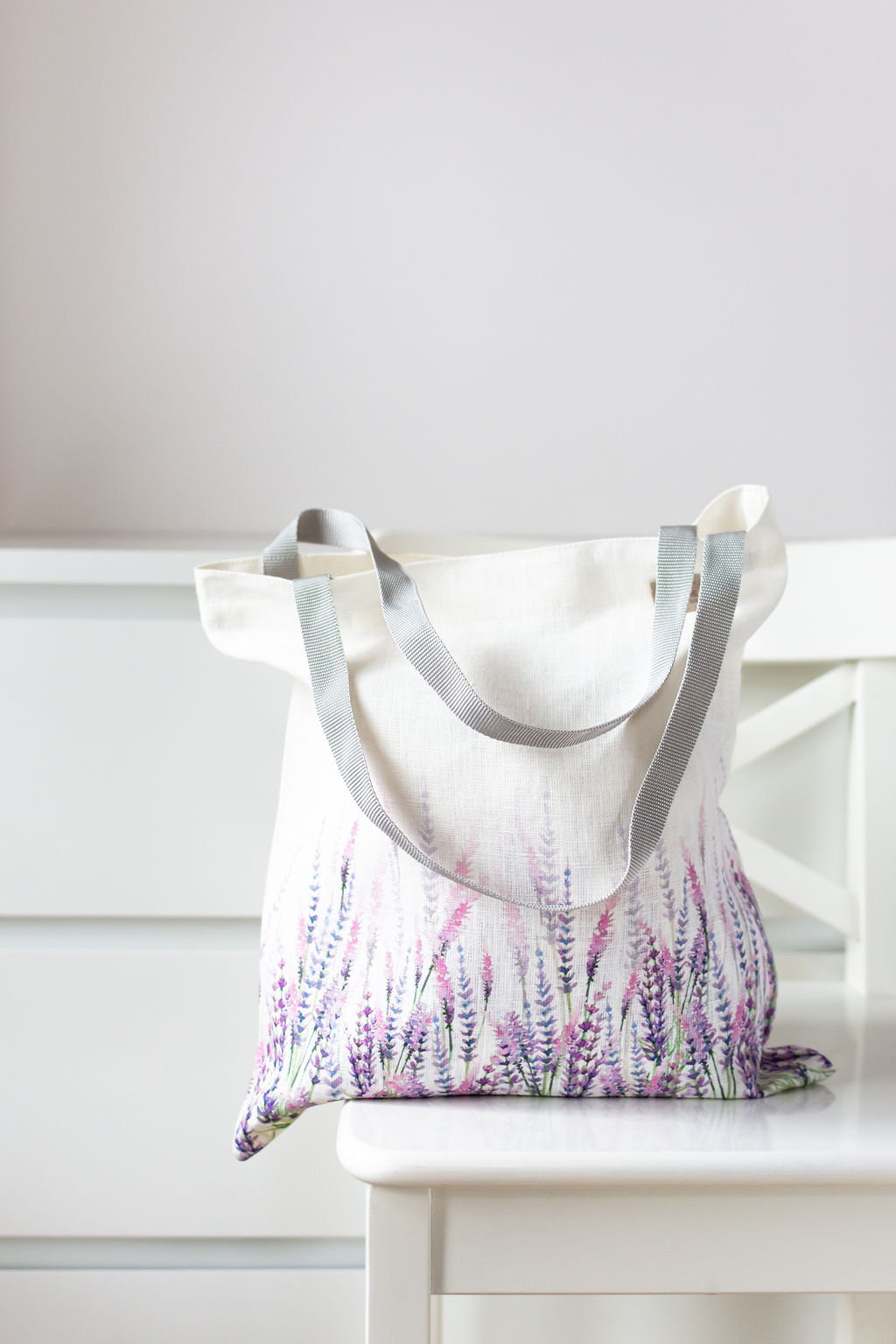 Linen Market Bag. Size: 13" x13". Summer Flowers collection. Lavender pattern