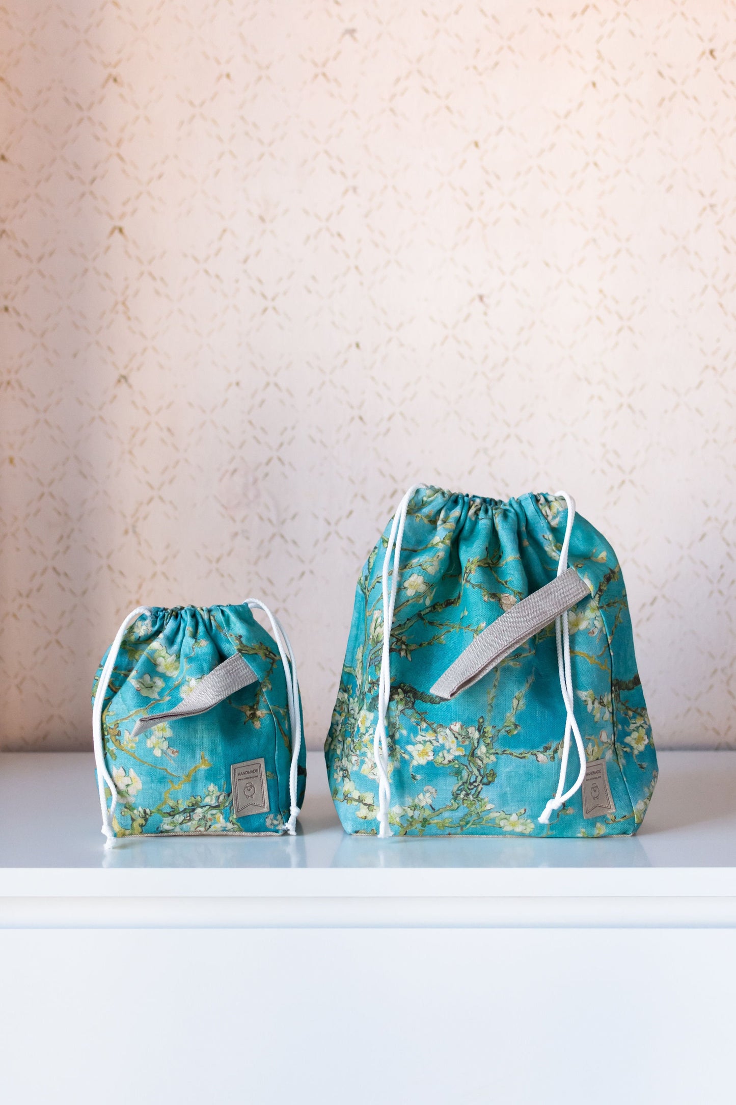 Almond Blossom by Vincent van Gogh, Linen project bag, Knitting needle holder,  Knitting Project Bag. Drawstring. Size Large.