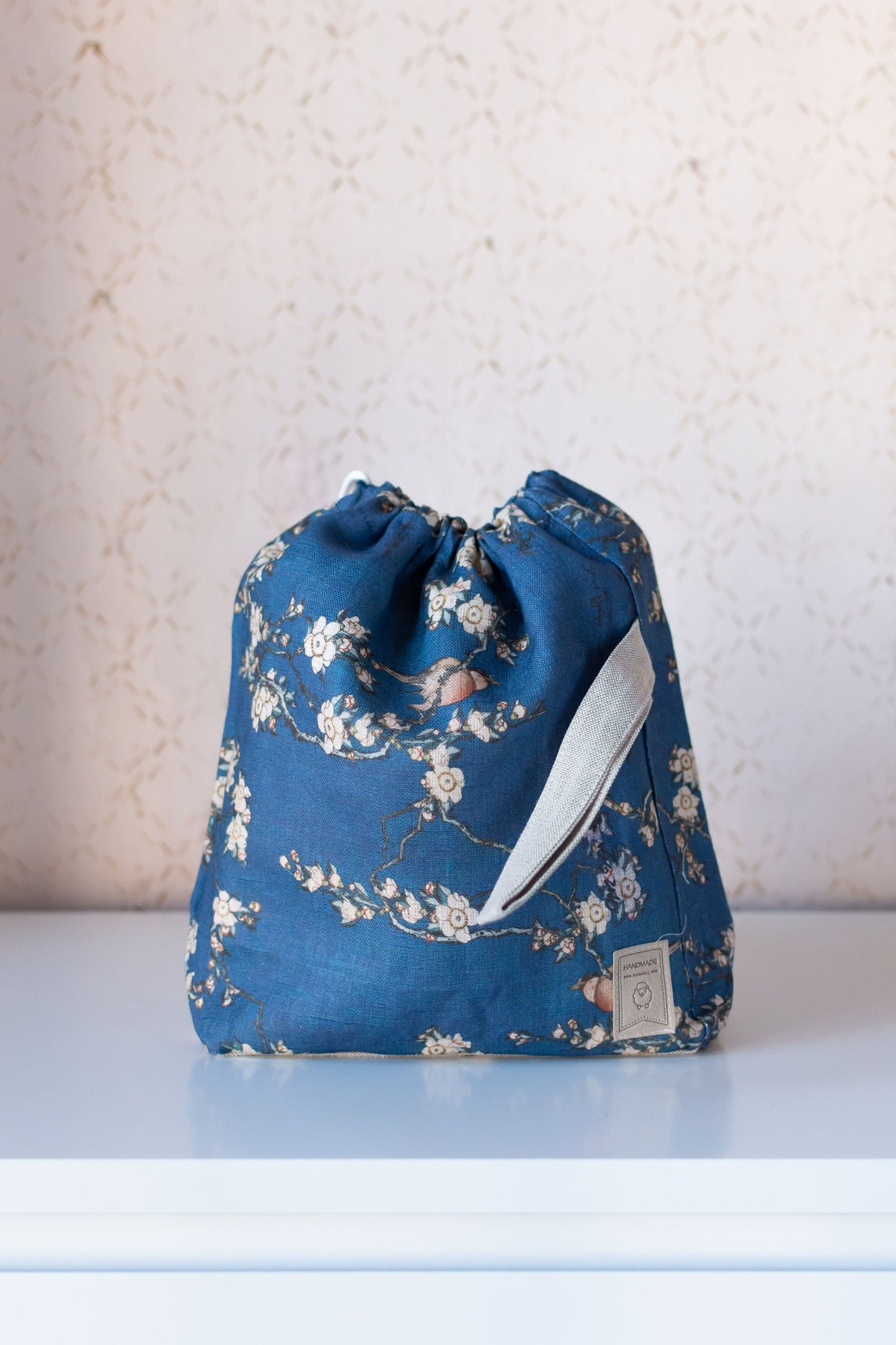 Bullfinch and Weeping Cherry by Katsushika Hokusai, Linen project bag, Knitting needle holder, Knitting Project Bag. Drawstring. Size Large.