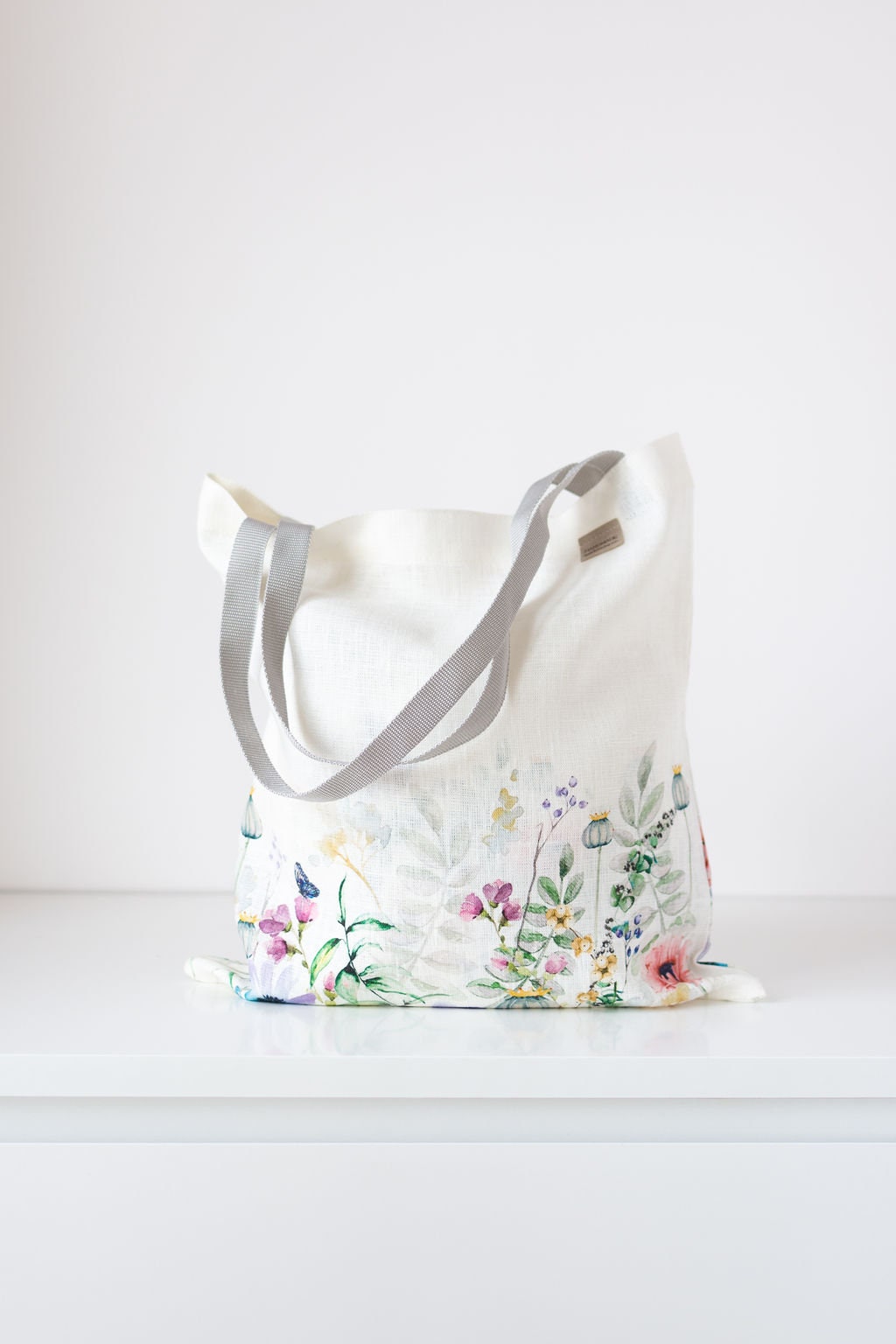 Linen Market Tote Bag with Summer Flowers print