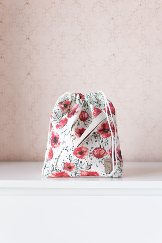 Poppy Large Drawstring Knitting Project Bag. Summer Flowers collection. Special KnitterBag design.