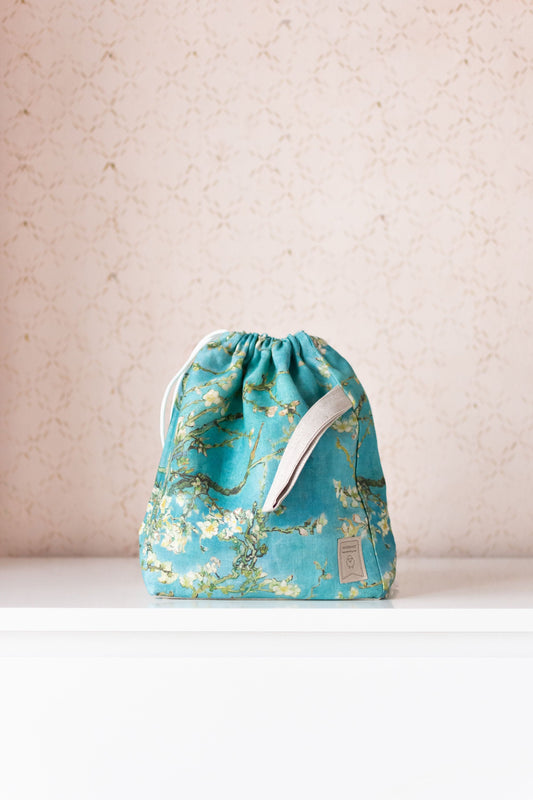 Almond Blossom by Vincent van Gogh, Linen project bag, Knitting needle holder,  Knitting Project Bag. Drawstring. Size Large.