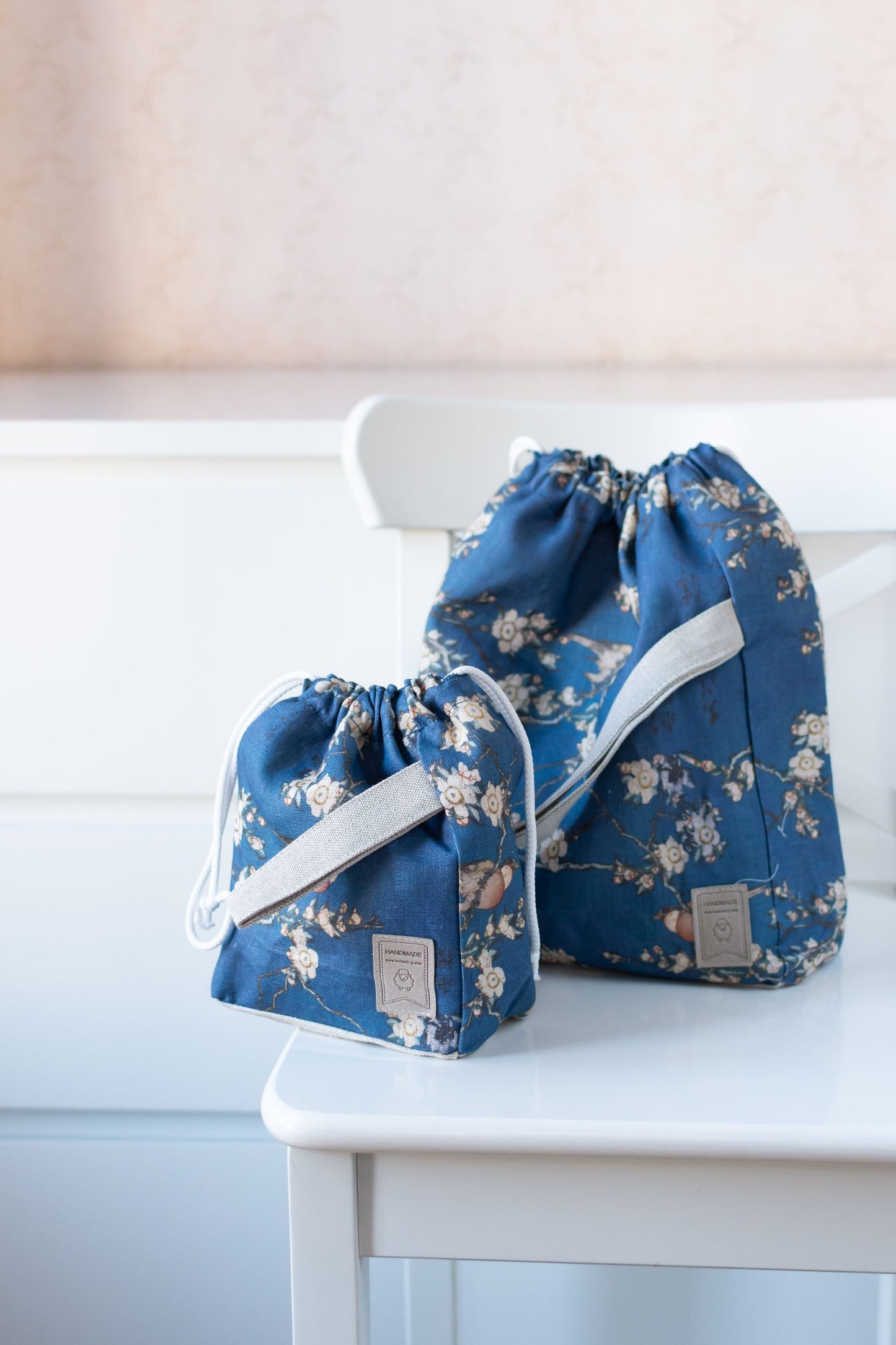 Bullfinch and Weeping Cherry by Katsushika Hokusai, Linen project bag, Knitting needle holder, Knitting Project Bag. Drawstring. Size Large.