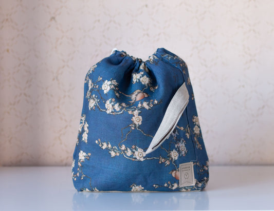 Bullfinch and Weeping Cherry by Katsushika Hokusai, Linen project bag, Knitting needle holder, Knitting Project Bag. Drawstring. Size Large.