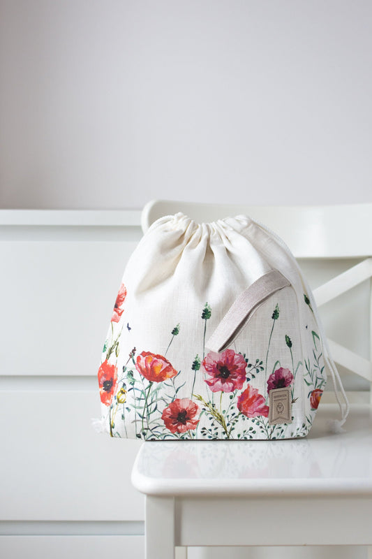 Poppy Drawstring Knitting Project Bag. Large. Summer Flowers collection. Special KnitterBag design.