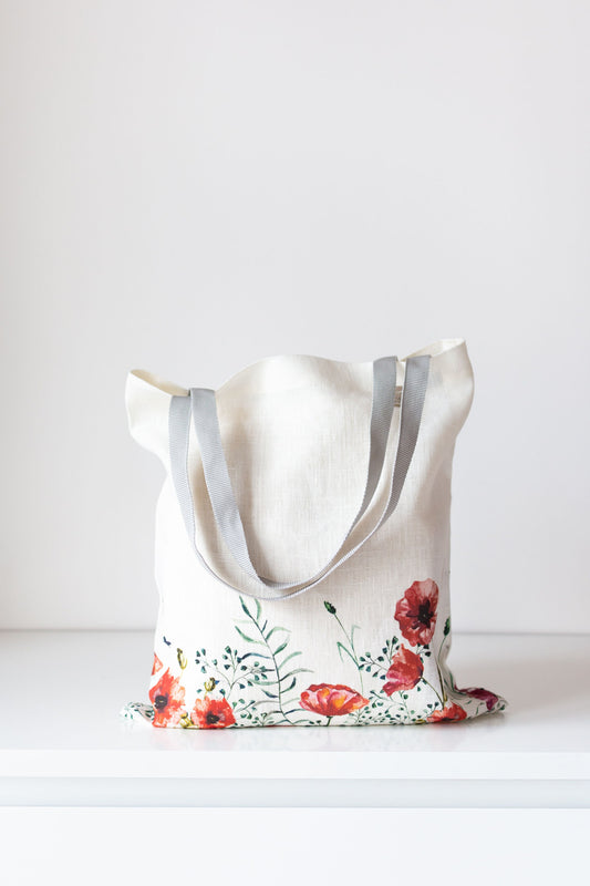 Linen Market Bag from Summer Flowers collection. Poppy pattern