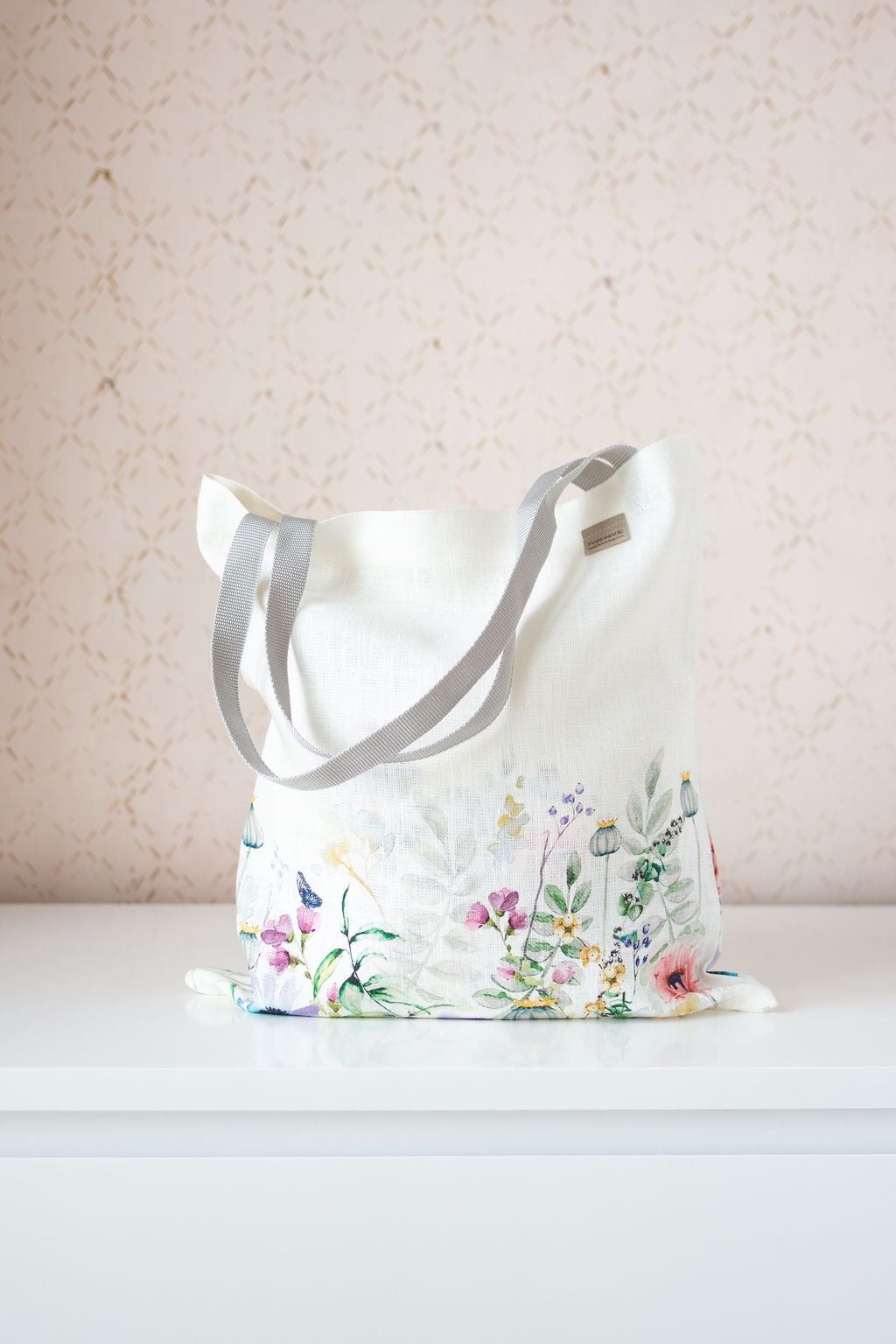 Linen Market Tote Bag with Summer Flowers print