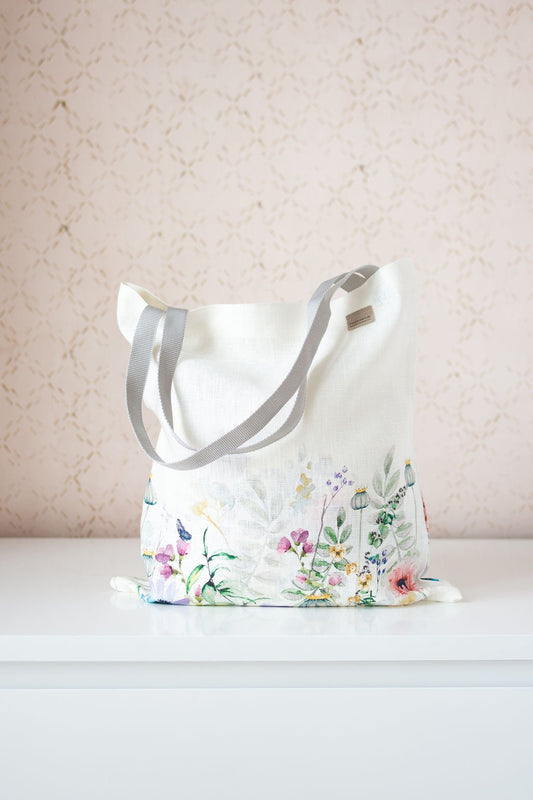 Linen Market Tote Bag with Summer Flowers print