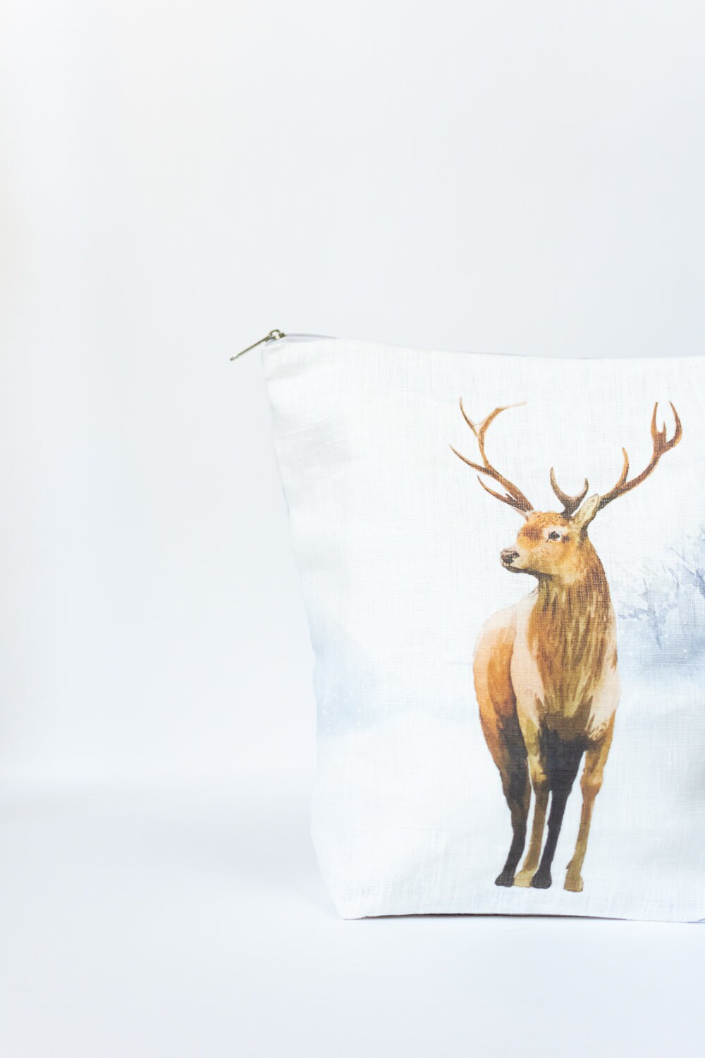 Linen Bag with deer print. Deer with antler printed on bag, WIP work in progress projects like knitting, crochet, embroidering or others.