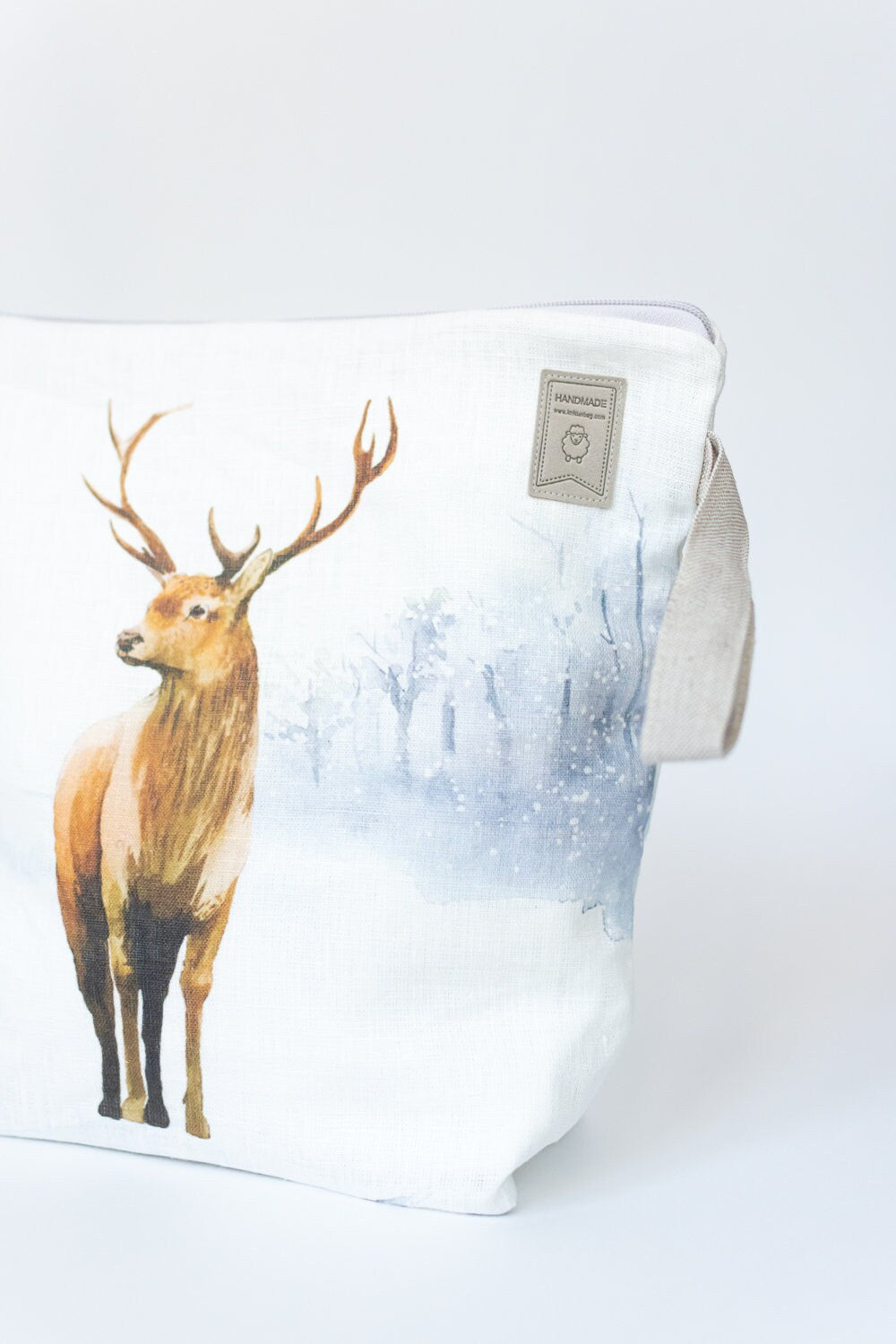 Linen Bag with deer print. Deer with antler printed on bag, WIP work in progress projects like knitting, crochet, embroidering or others.