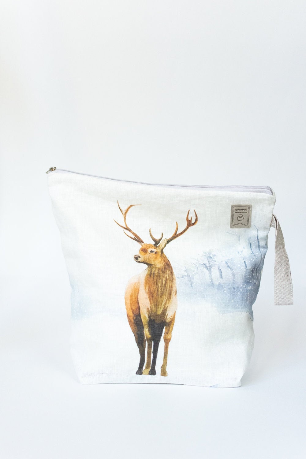 Linen Bag with deer print. Deer with antler printed on bag, WIP work in progress projects like knitting, crochet, embroidering or others.