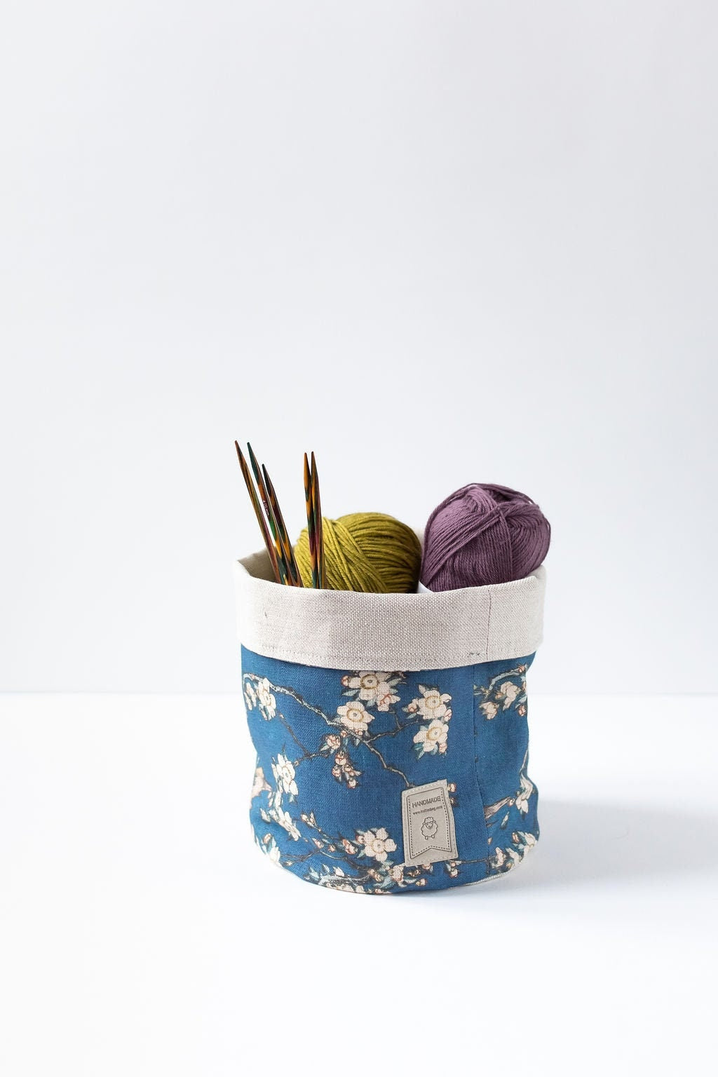 Fabric basket, Yarn storage, KIP box, fabric box, storage basket, home organisation. Bullfinch and Weeping Cherry by Katsushika Hokusai