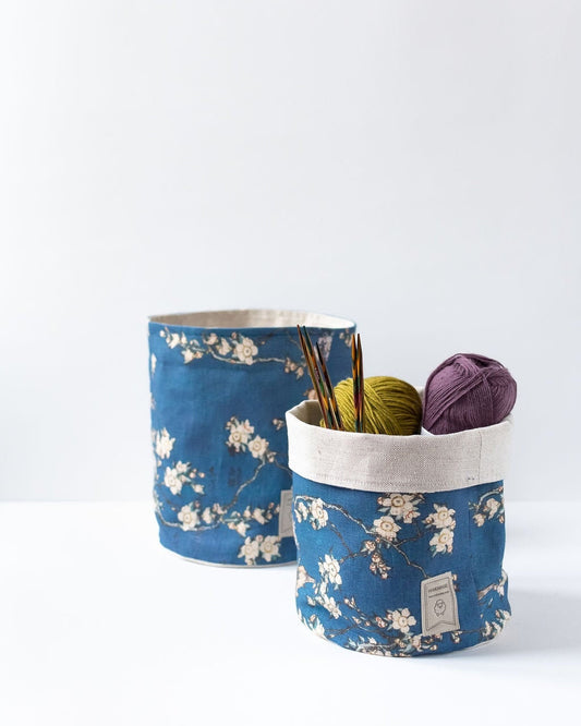 Fabric basket, Yarn storage, KIP box, fabric box, storage basket, home organisation. Bullfinch and Weeping Cherry by Katsushika Hokusai