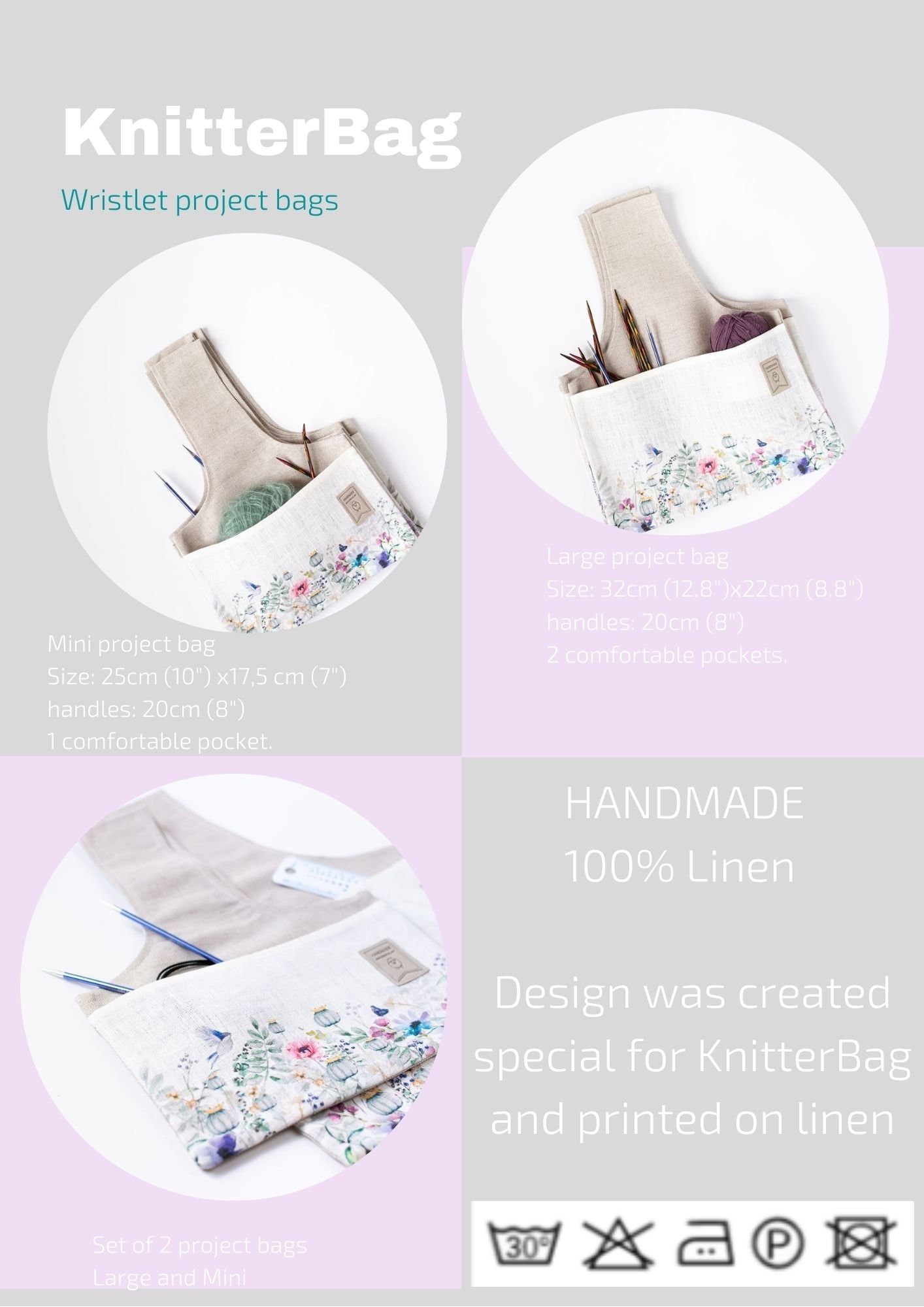 Knitter Project Bag Meadow print. Special KnitterBag design.