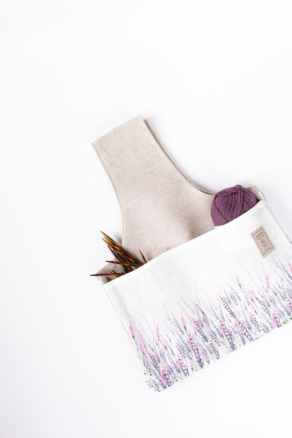 Knitter Project Bag Lavender print. Special KnitterBag design.