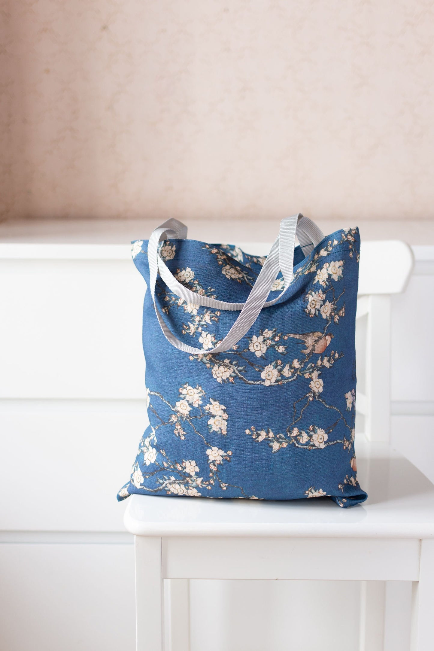Bullfinch and Weeping Cherry by Katsushika Hokusai. Linen Market Bag.