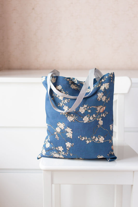 Bullfinch and Weeping Cherry by Katsushika Hokusai. Linen Market Bag.