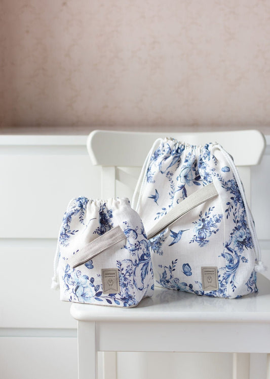 Project bags. Set of 2 Knitter Project Bags. Large and Small. Summer Flowers collection. Blue Flowers pattern.