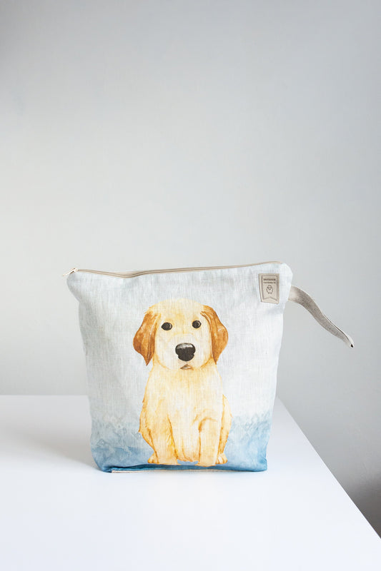 Project Bag with zipper for knitters with dog print. Size Large.