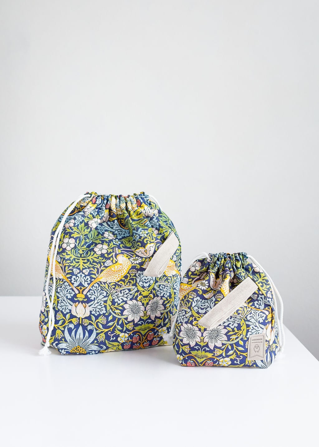 William Morris Strawberry Thief print, Linen project bag, Knitting needle holder,  Knitting Project Bag. Drawstring. Size Large.