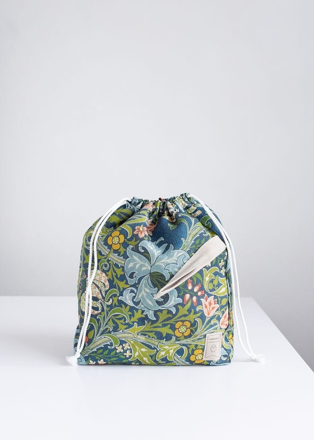 William Morris, Golden Lily print, Linen project bag, Knitting needle holder,  Knitting Project Bag. Drawstring. Size Large.