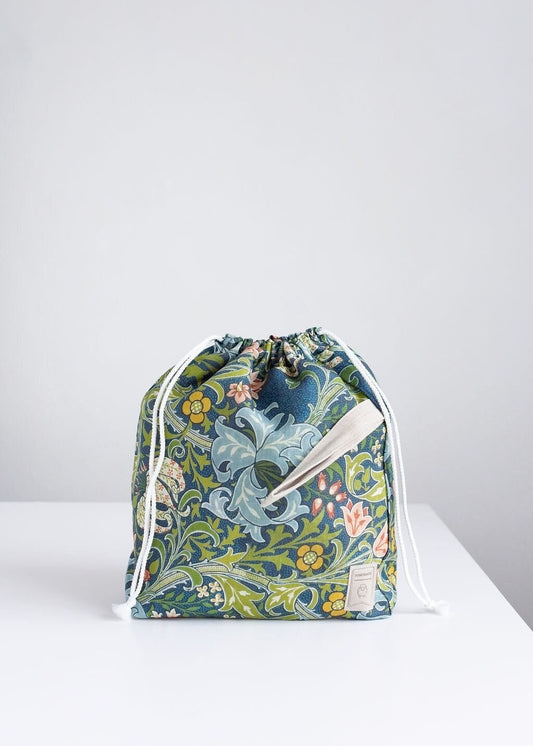 William Morris, Golden Lily print, Linen project bag, Knitting needle holder,  Knitting Project Bag. Drawstring. Size Large.