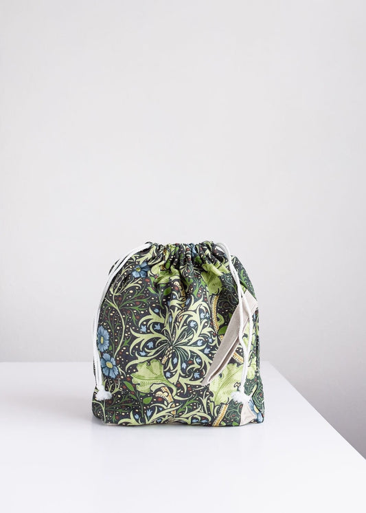 William Morris. Seaweed, Linen project bag, Knitting needle holder,  Knitting Project Bag. Drawstring. Size Large.
