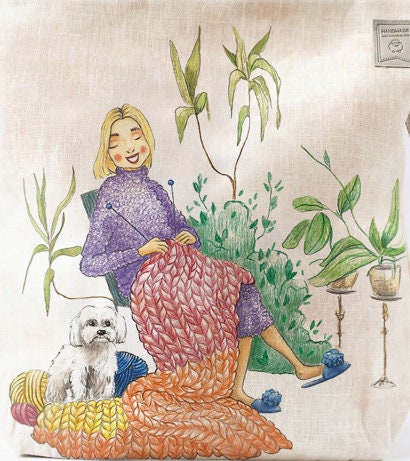 Project Bag with zipper. Nice fun knitter print will melt yours heart. The picture was drown special for project bag.