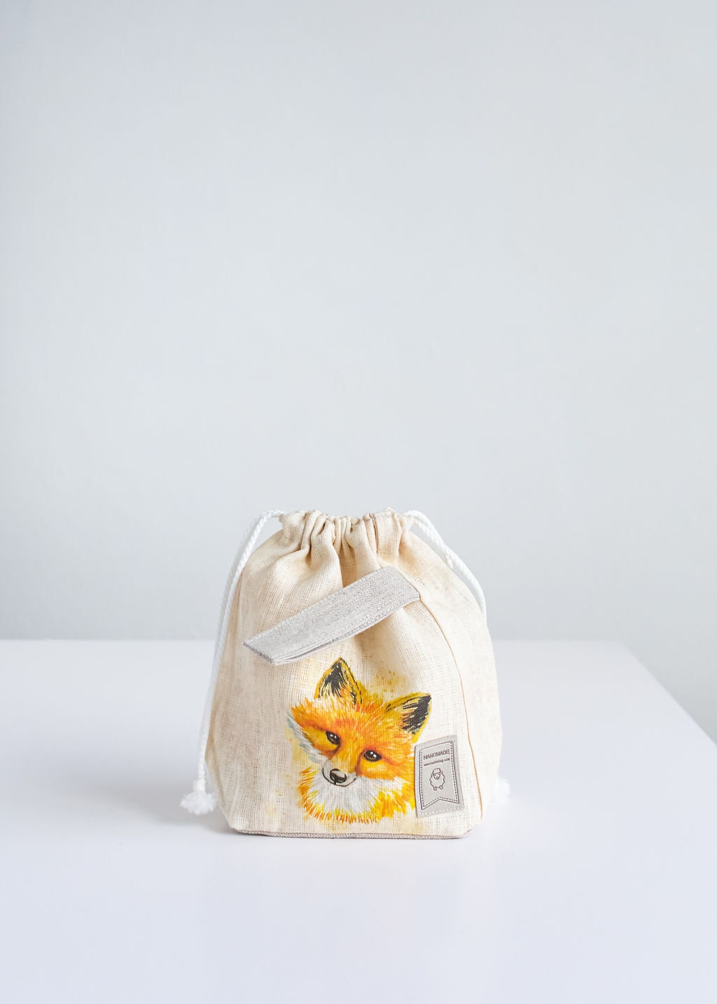 Linen project bag, Knitting needle holder,  Knitting Project Bag. Drawstring bag. Fox print