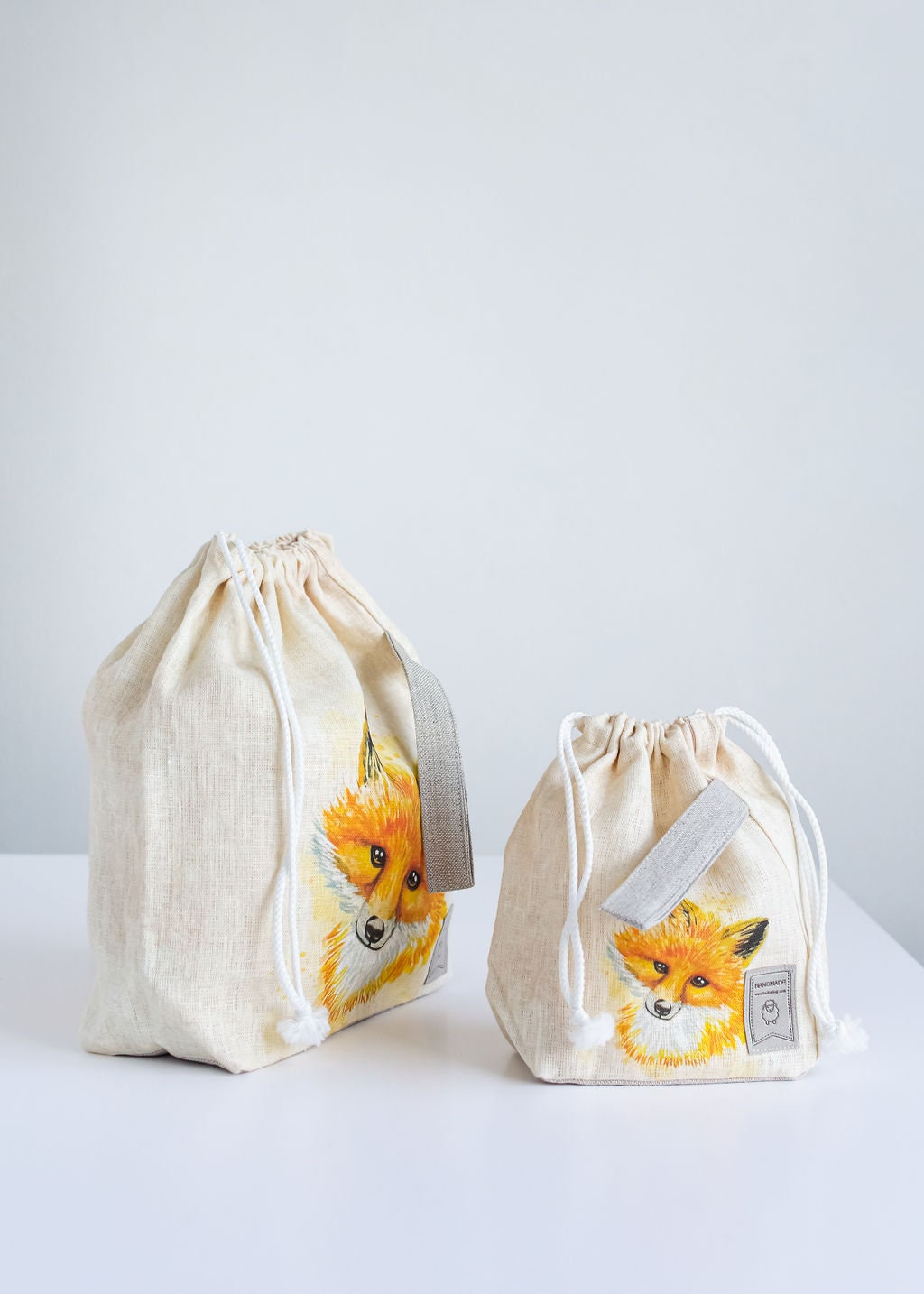 Linen project bag, Knitting needle holder,  Knitting Project Bag. Drawstring bag. Fox print