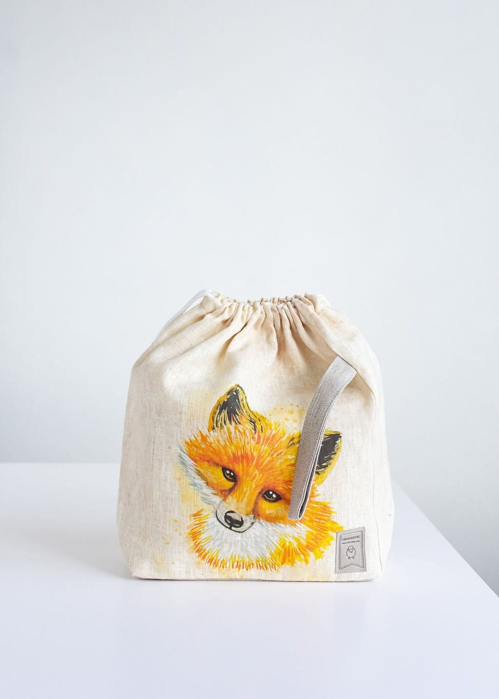 Linen project bag, Knitting needle holder,  Knitting Project Bag. Drawstring bag. Fox print