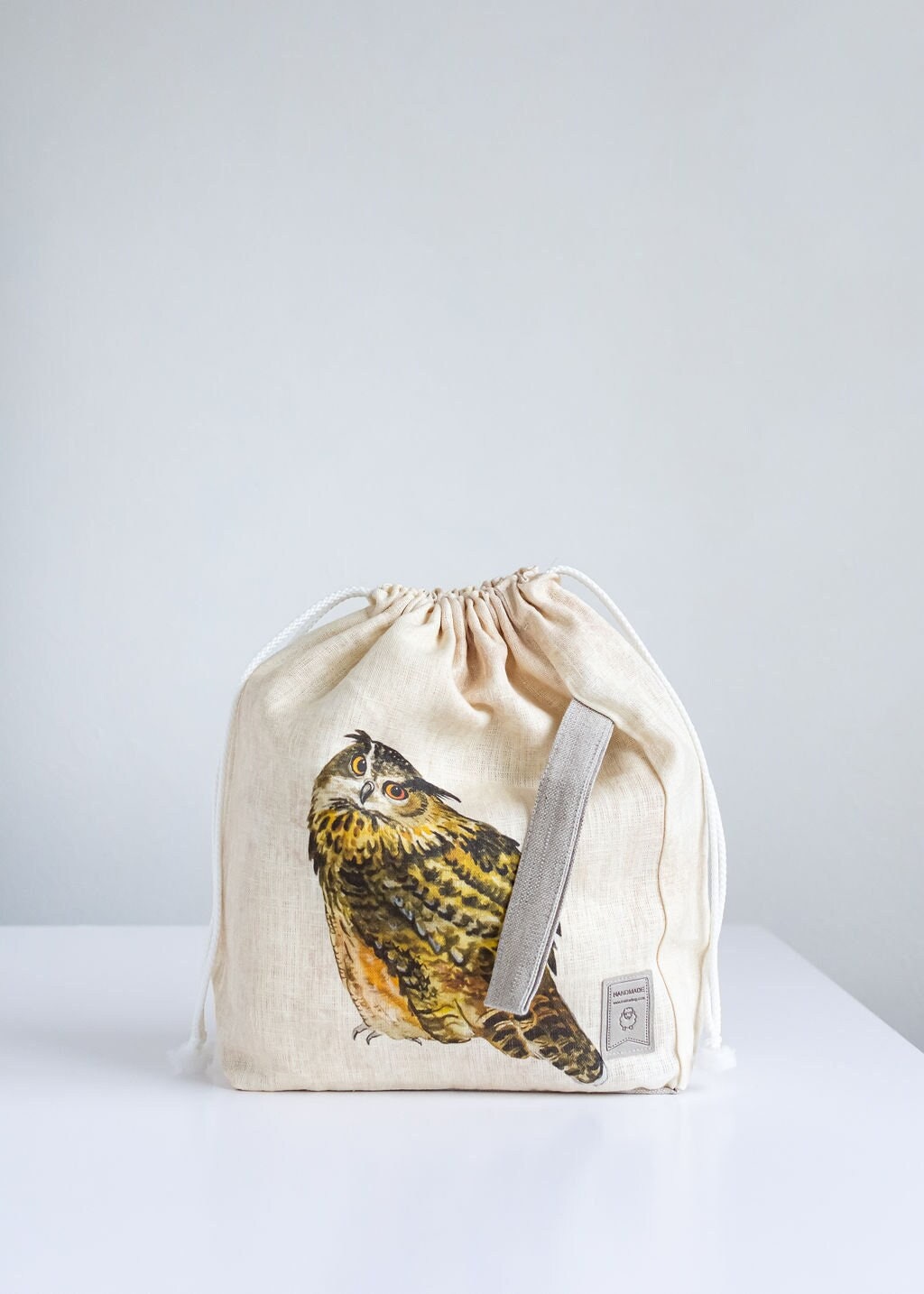 Linen project bag, Knitting needle holder,  Knitting Project Bag. Drawstring. Size Large. Owl print