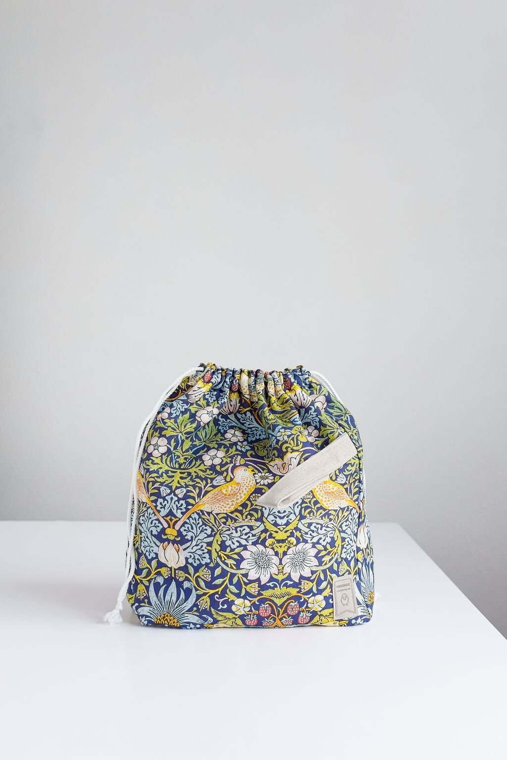 William Morris Strawberry Thief print, Linen project bag, Knitting needle holder,  Knitting Project Bag. Drawstring. Size Large.