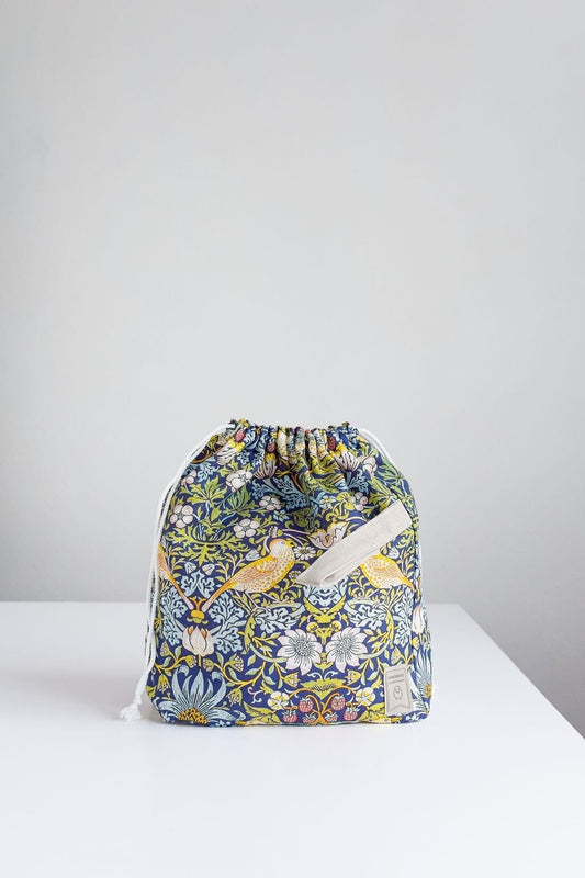 William Morris Strawberry Thief print, Linen project bag, Knitting needle holder,  Knitting Project Bag. Drawstring. Size Large.
