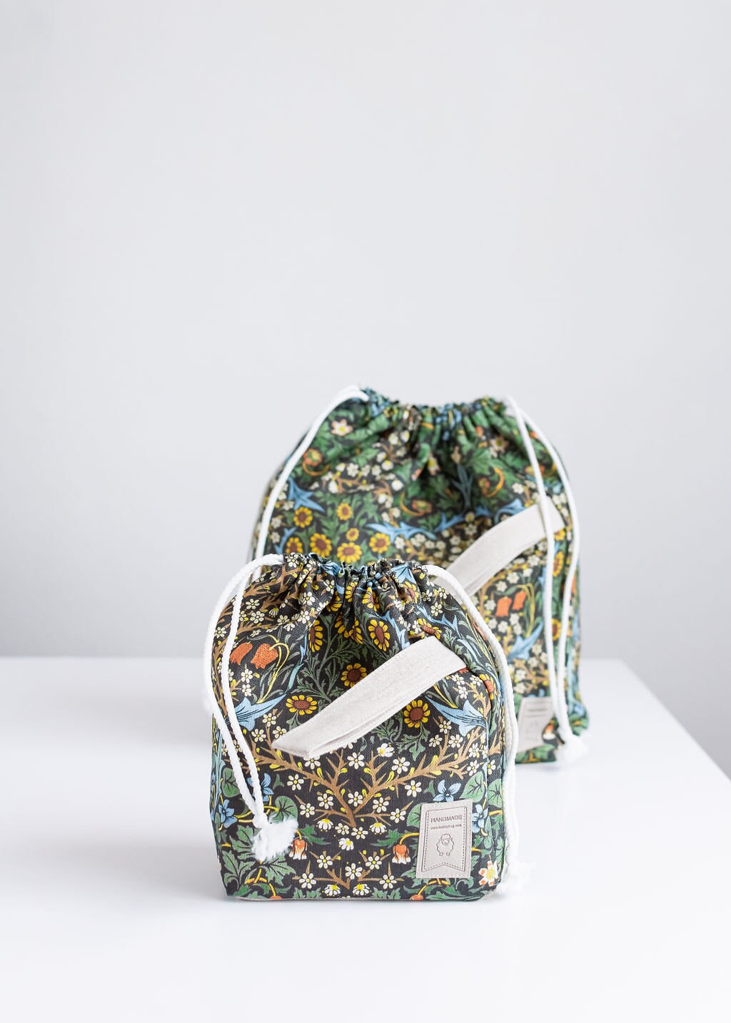 William Morris. Blackthorn. Linen project bag, Knitting needle holder,  Knitting Project Bag. Drawstring. Size Large.
