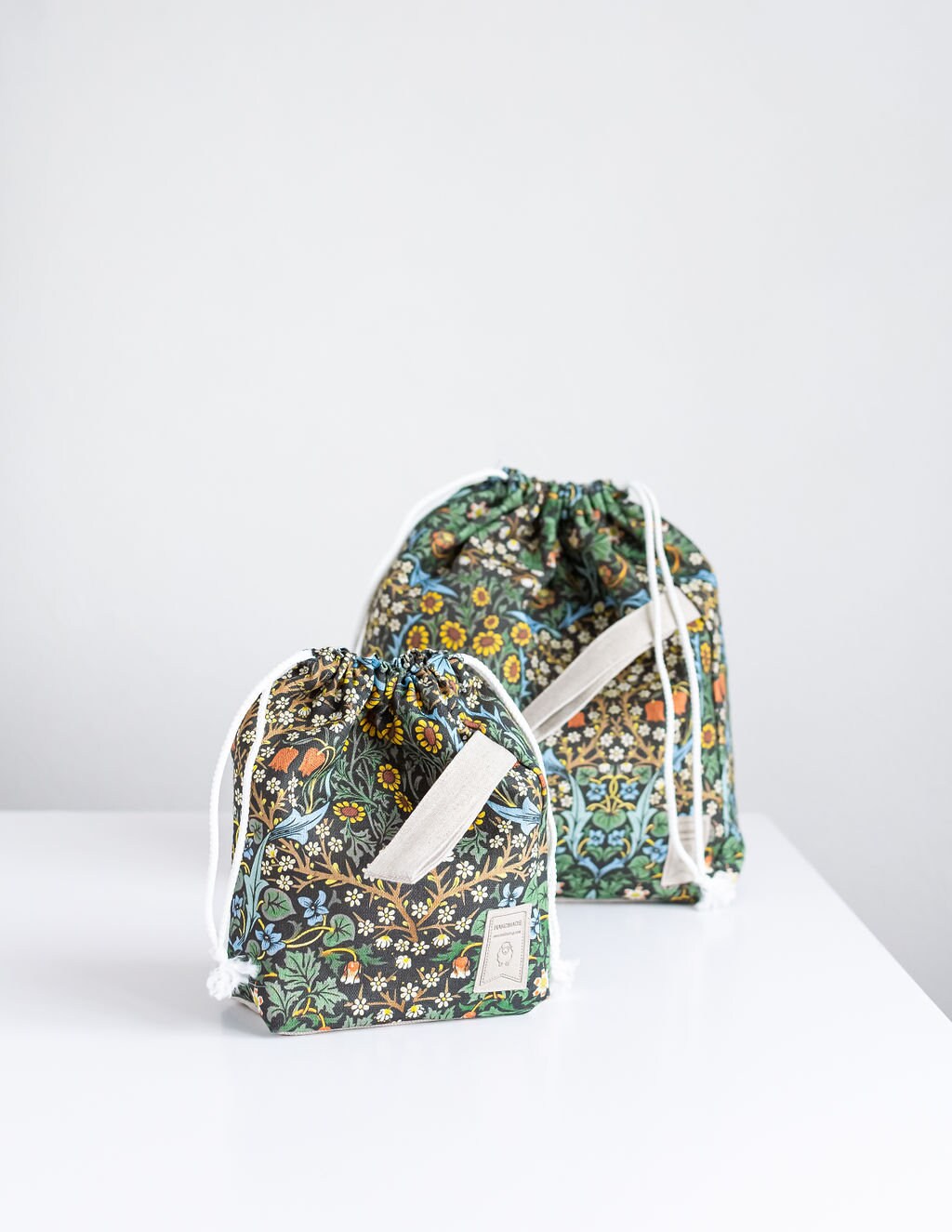 William Morris. Blackthorn. Linen project bag, Knitting needle holder,  Knitting Project Bag. Drawstring. Size Large.