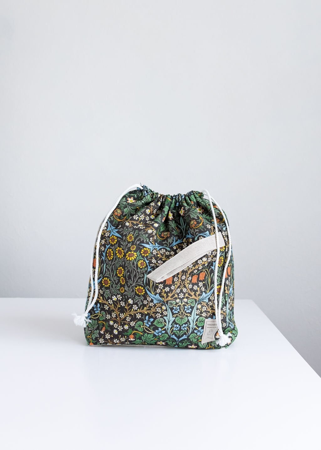 William Morris. Blackthorn. Linen project bag, Knitting needle holder,  Knitting Project Bag. Drawstring. Size Large.