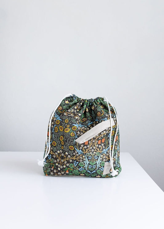 William Morris. Blackthorn. Linen project bag, Knitting needle holder,  Knitting Project Bag. Drawstring. Size Large.