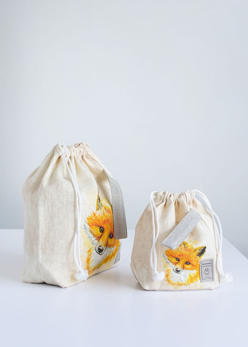 Project bags. Set of 2 Knitter Project Bags. Large and Small.  Fox print