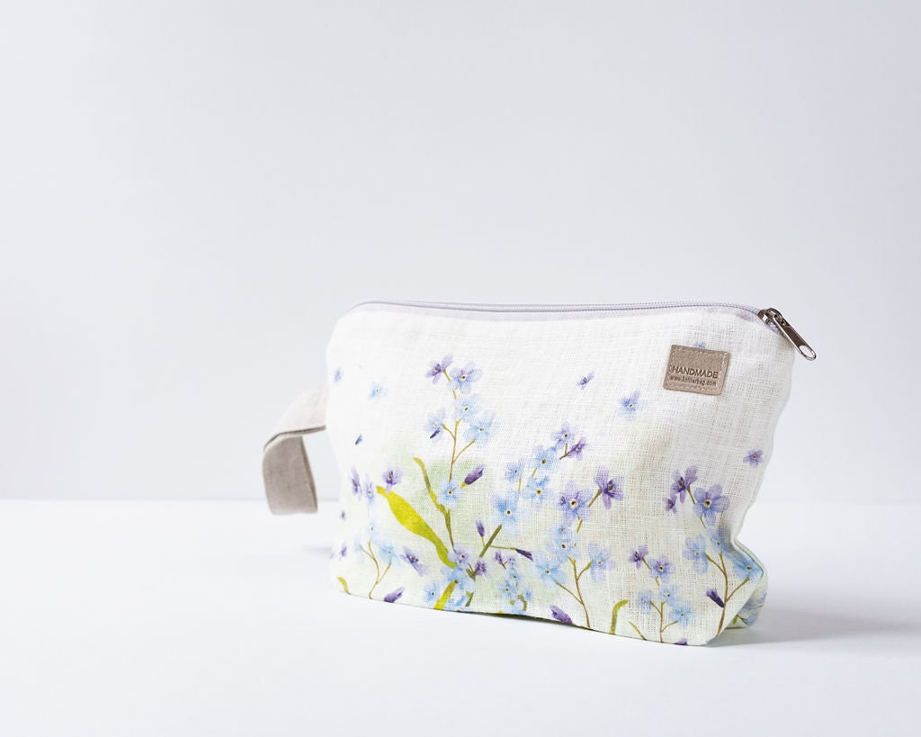 Wristlet pouch Not Forgotten Flowers print printed on Natural Linen fabric Natural linen.