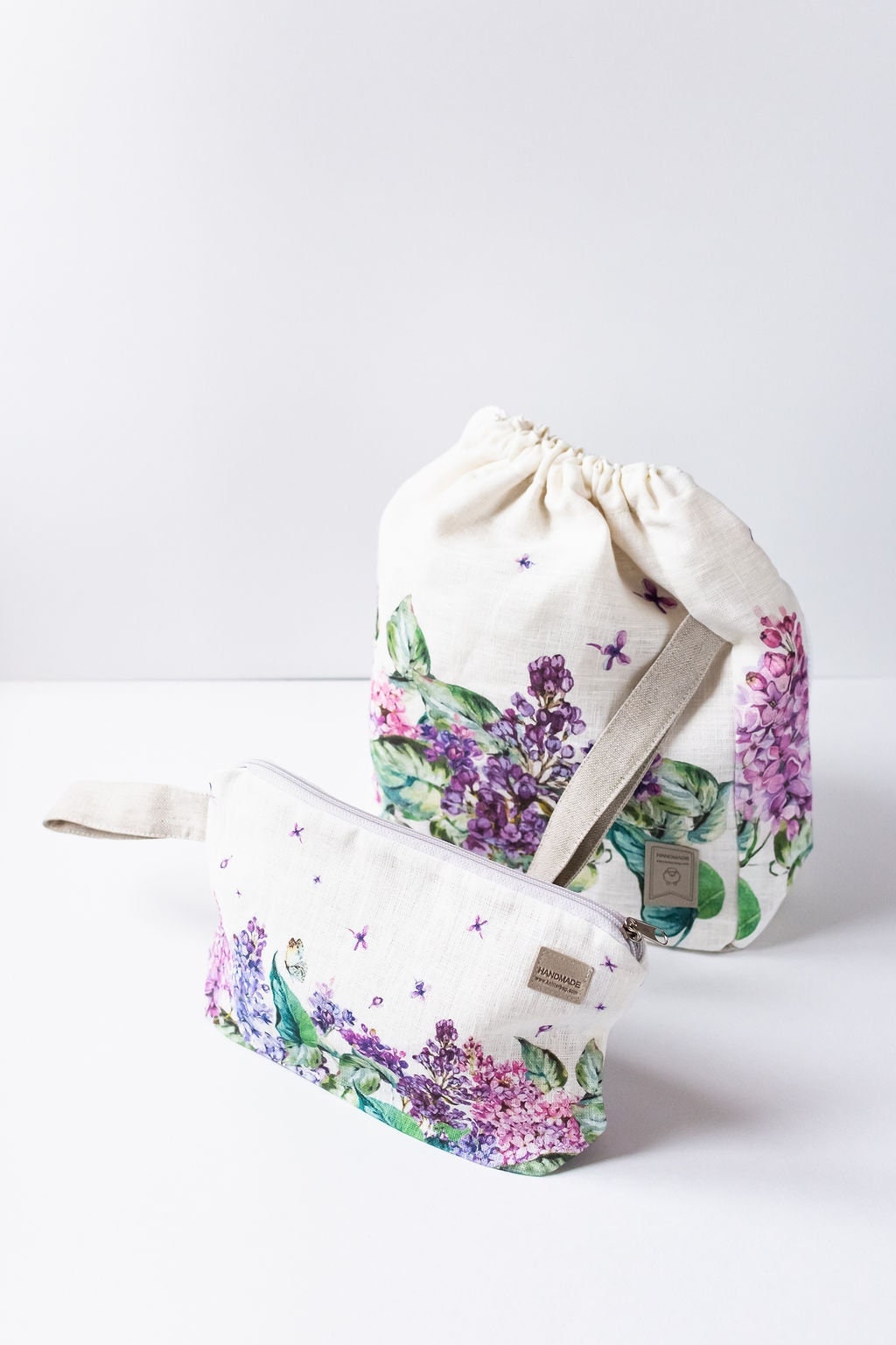 Wristlet pouch Lilac Flowers print printed on Natural Linen fabric Natural linen.