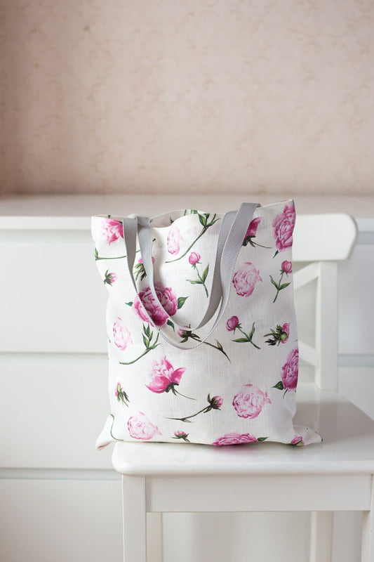 Shopping tote bag with Peony print