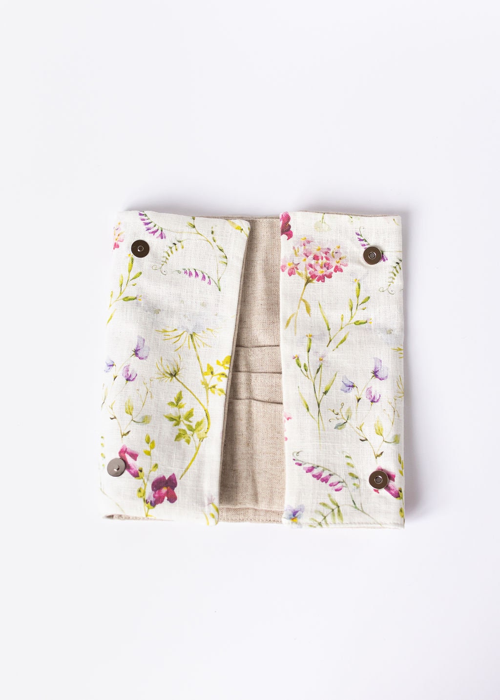 Stylish Case for Crochet Hooks - 21 Pockets for Circular Needles & 24 for Socks Needles Summer flowers pattern on linen fabric