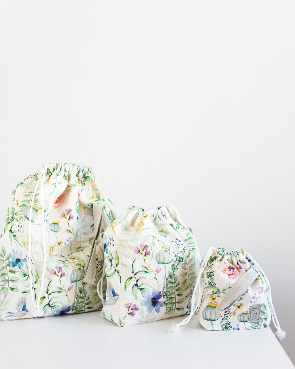 Set of 3 Summer Meadow print Project Bags. Sizes XL, Large and Small.