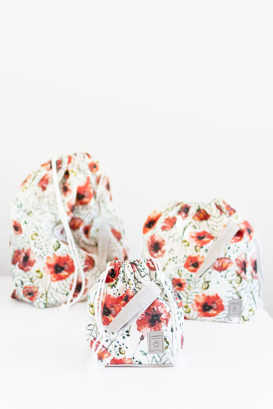 Set of 3 Poppy print Project Bags. Sizes XL, Large and Small.