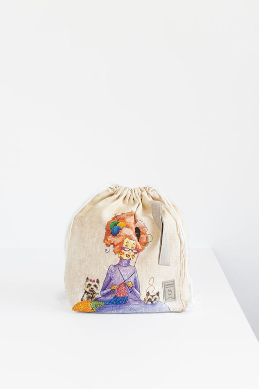 Large Drawstring Knitting Project Bag with Knitter print.