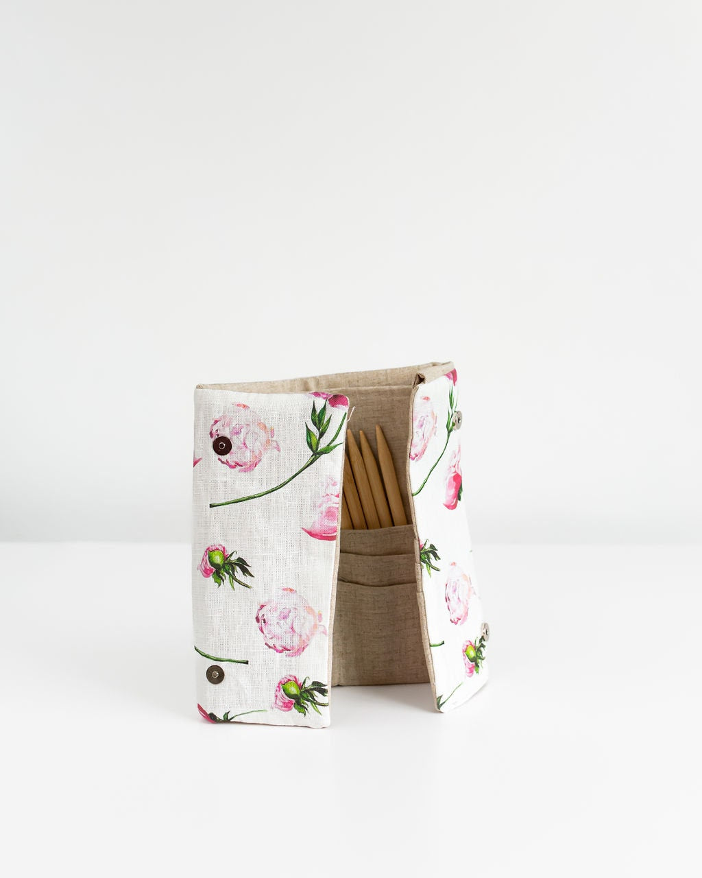 Peony print Needle, Crochet, Hooks Case with  21 pockets for circle needles & 24 for socks needles.