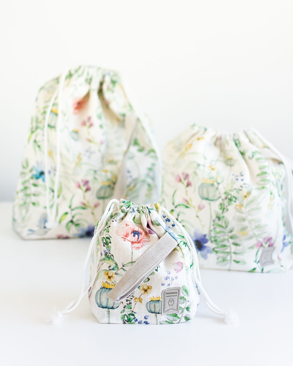 Set of 3 Summer Meadow print Project Bags. Sizes XL, Large and Small.