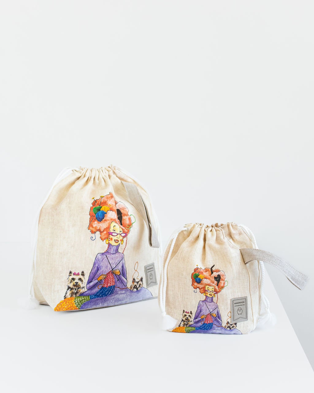 Large Drawstring Knitting Project Bag with Knitter print.